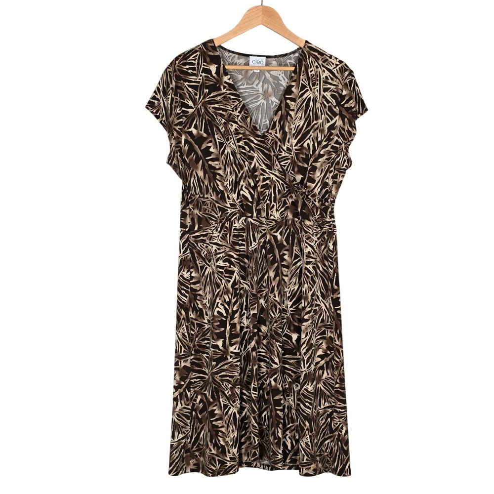 Cleo Women's Brown Tan Abstract Tropical Leaf Print Faux Wrap Dress 14